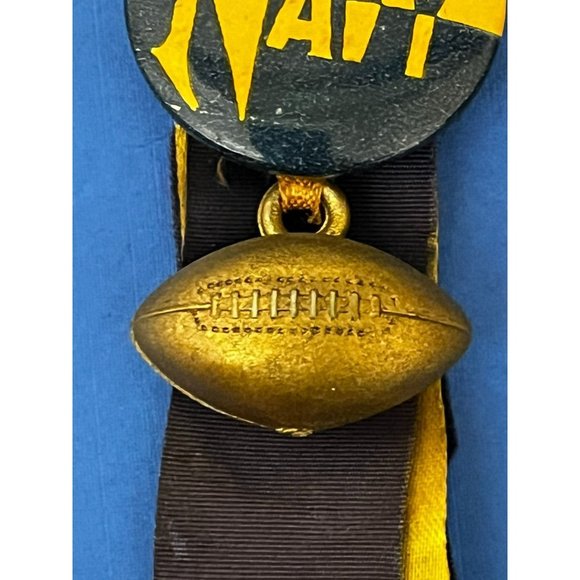 VINTAGE NAVY FOOTBALL TEAM RIBBON ON PIN BACK BUTTON 1950’s Yellow Blue - Picture 3 of 7